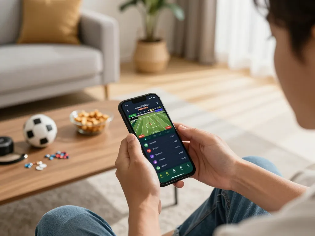 Engaged bk8 player using smartphone for live sports betting in a cozy living room.