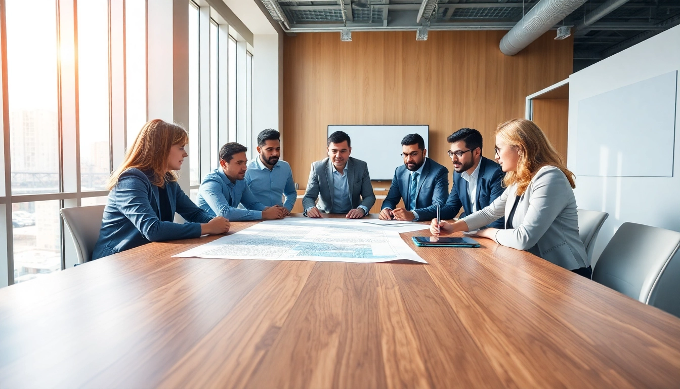Members of a construction association collaborating in a modern setting to develop industry strategies.