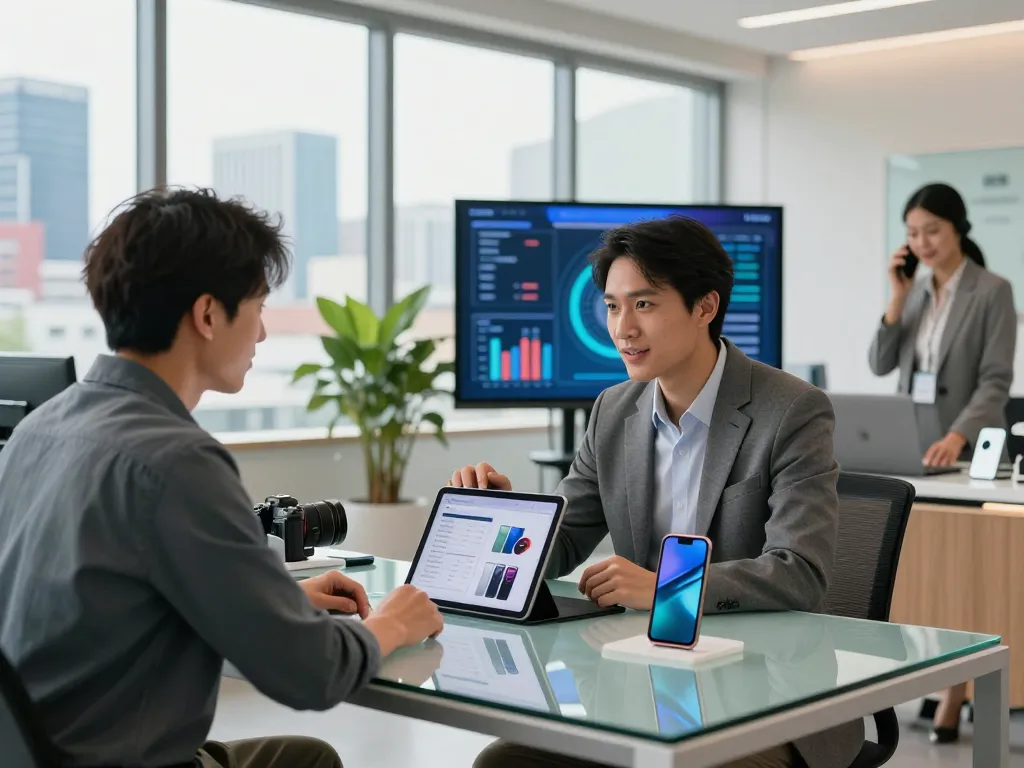 폰테크 나라 서비스 센터에서 스마트폰 금융 상담 중, 상담사와 고객 간의 상호작용을 보여줍니다.