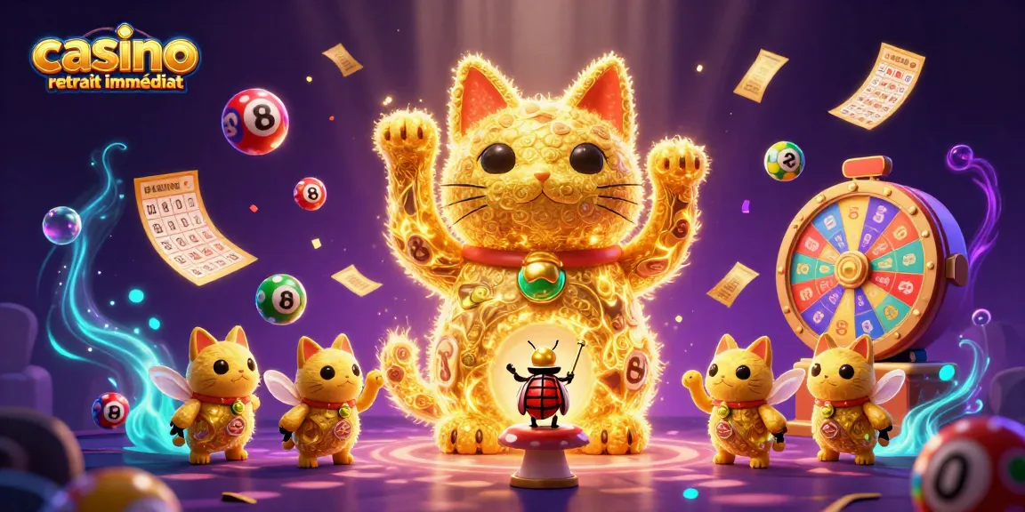 Visualisez le casino retrait immédiat avec un chat porte-bonheur fait de lucioles dorées et des symboles de jeu.