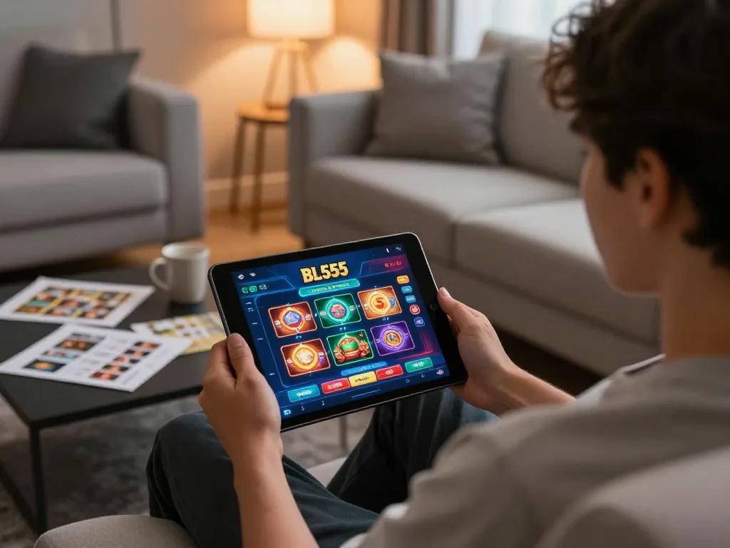 Engaging with the BL555 casino app on a tablet in a cozy home setting.