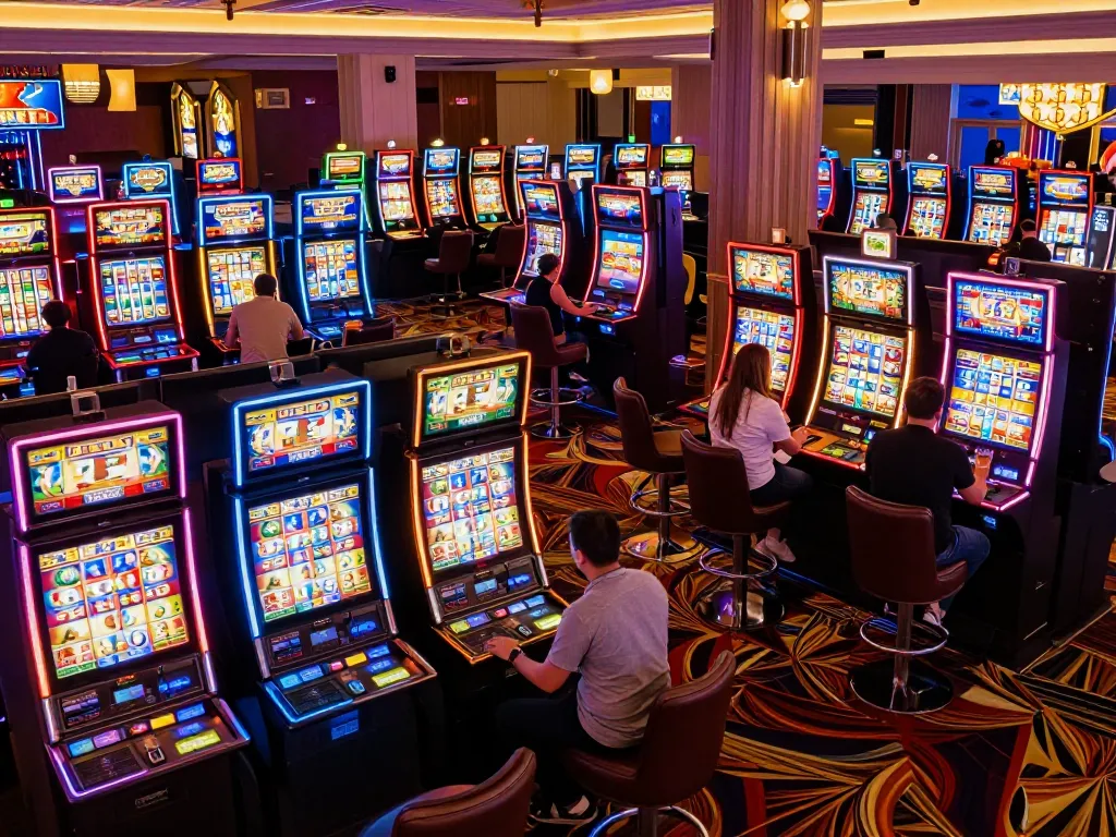 Engaged players celebrating at slot 777 machines in a lively casino environment.