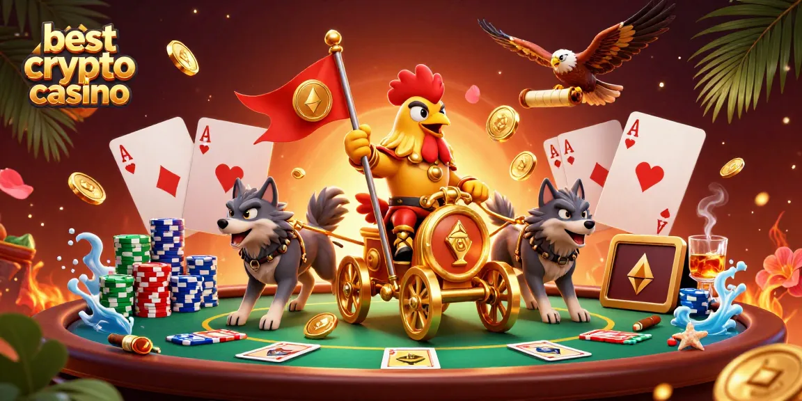 Meilleure crypto casino avec un seigneur coq en guerre sur un char d'or entouré de pièces de monnaie.