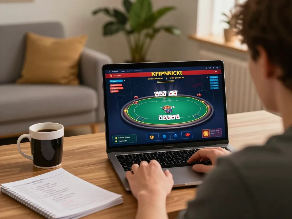 Engaging in a poker game on fabet's online platform at home, blending strategy and comfort.