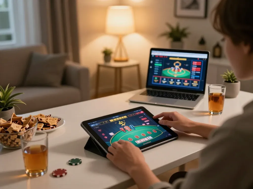 B52 Club online gaming experience with a player engaged in poker action at home.