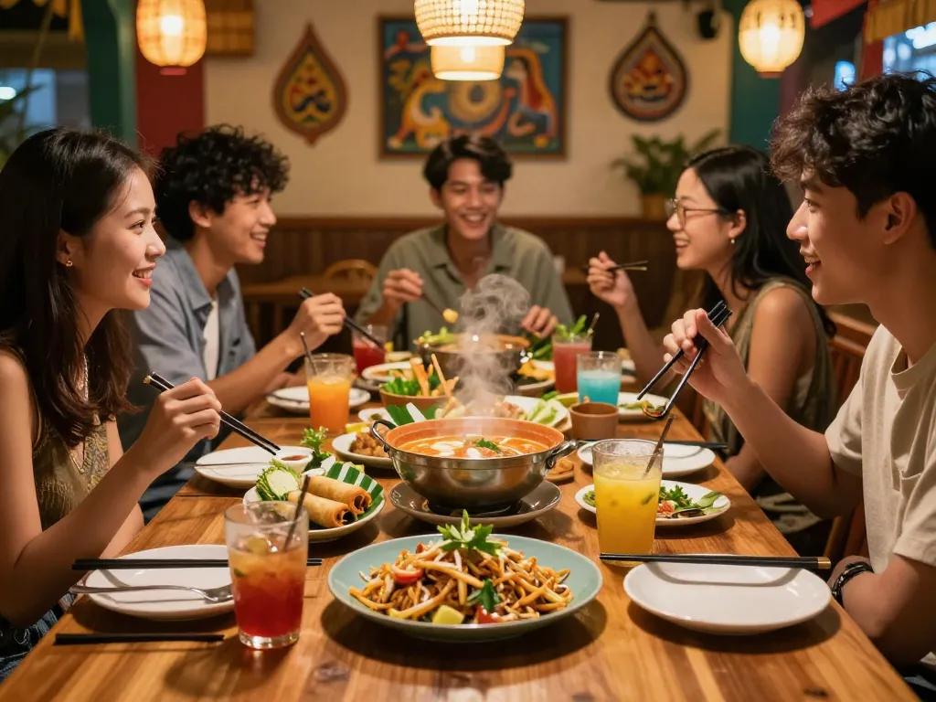 Diverse group enjoying Thai food at Rusty Iron featuring 88Pulsa inspired dining scene filled with delicious dishes and warm ambiance.
