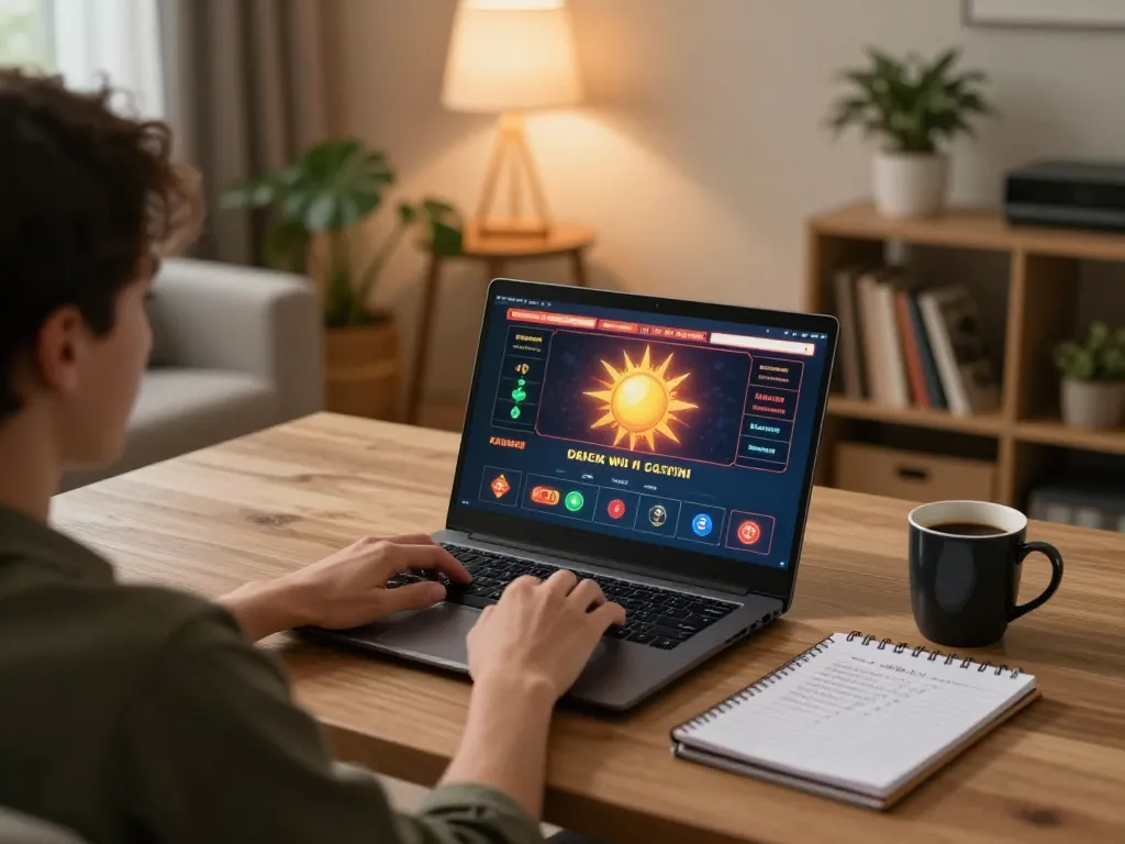 Player enjoying gameplay on sun win casino app while sipping coffee in a cozy home setting