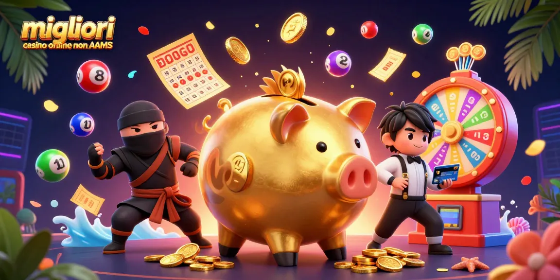 Incontra i migliori casino online non AAMS con il nostro maialino salvadanaio mentre piovono monete dorate.