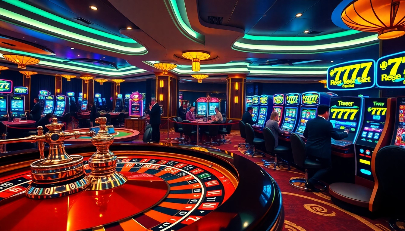 Players celebrating a big win at seven77-themed jackpot slots in an upscale casino.