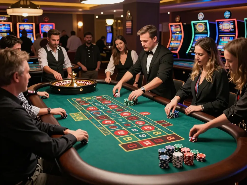 Players placing bets at a vibrant roulette table, showcasing 5699 themed gaming excitement.