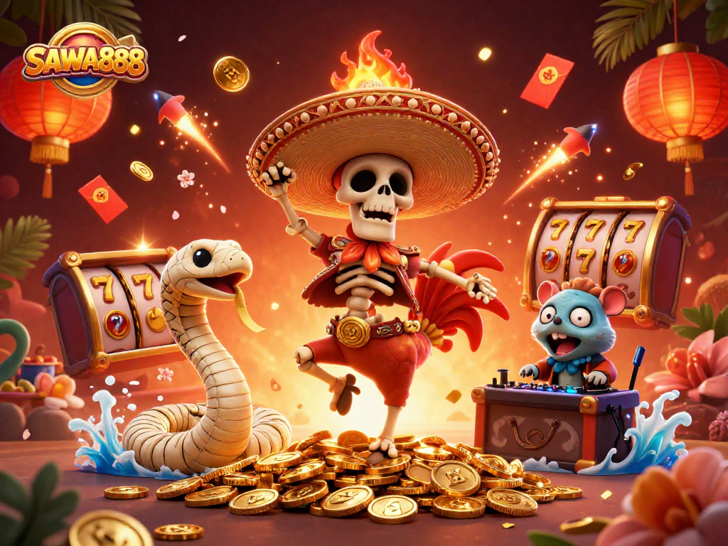 Experience the thrill of SAWA888 with a vibrant casino scene featuring animated characters celebrating on golden coins.