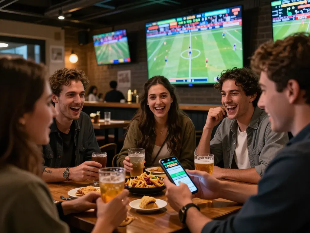 Friends celebrating sports betting excitement using the TG88 app at a vibrant bar setting