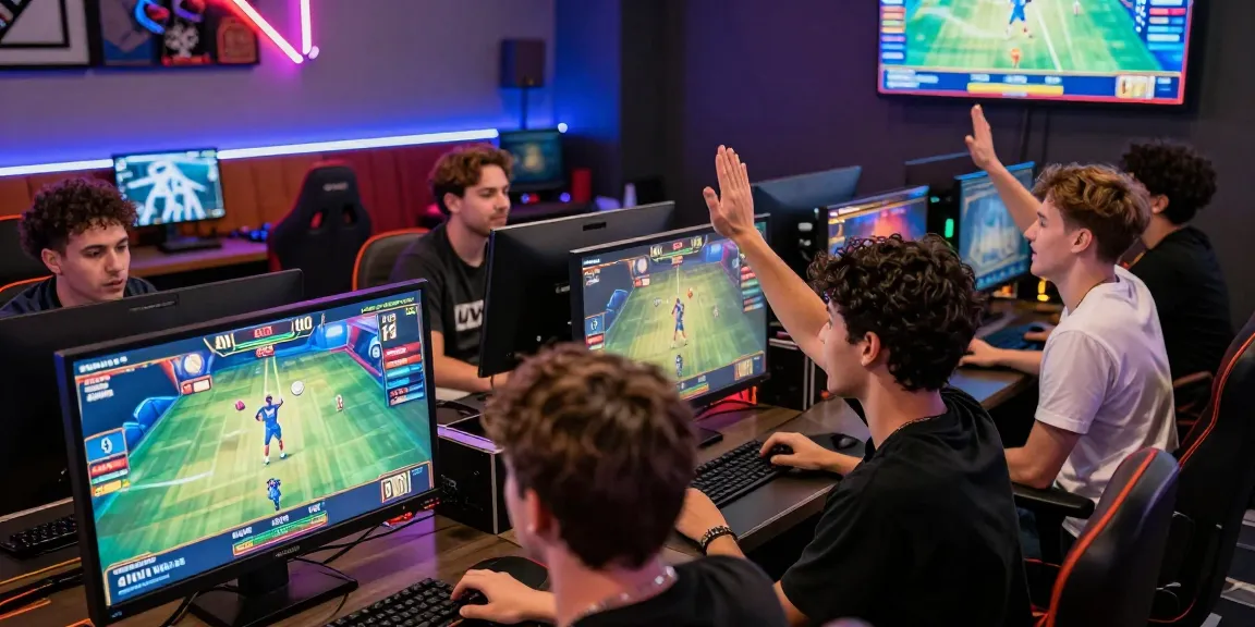 Players engaged in the aviator 1xbet game in a vibrant gaming lounge, celebrating wins and focusing on screens.