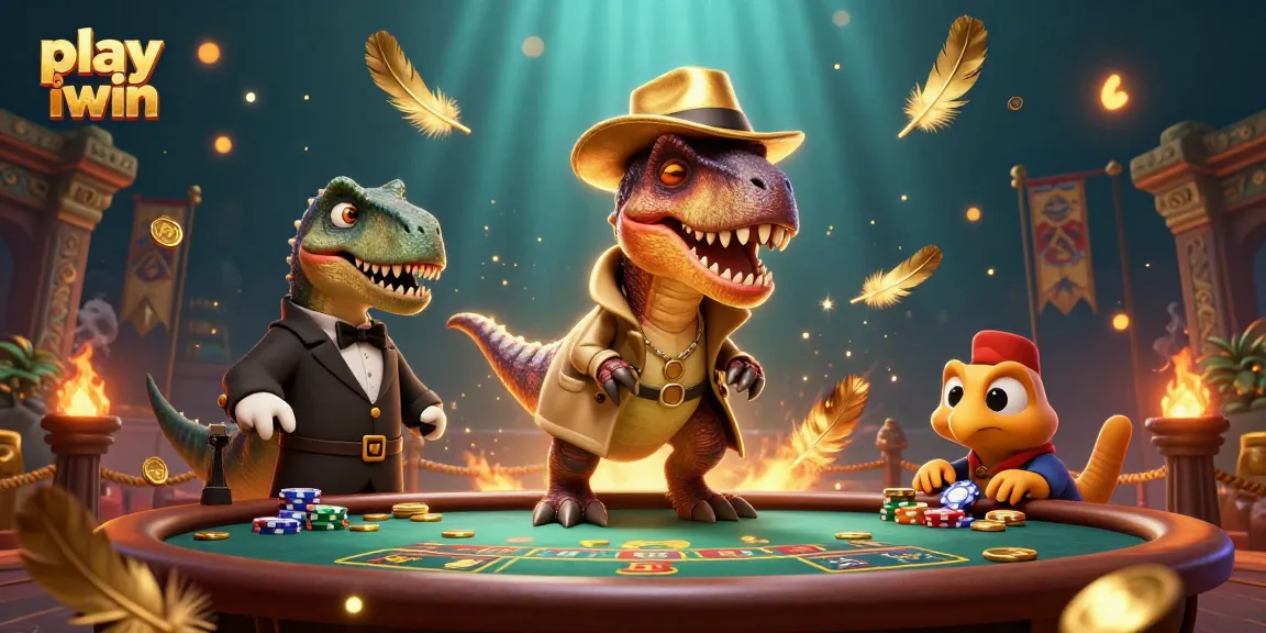 Play iwin with a cartoon velociraptor competing at a blackjack table in a rich 3D casino scene.