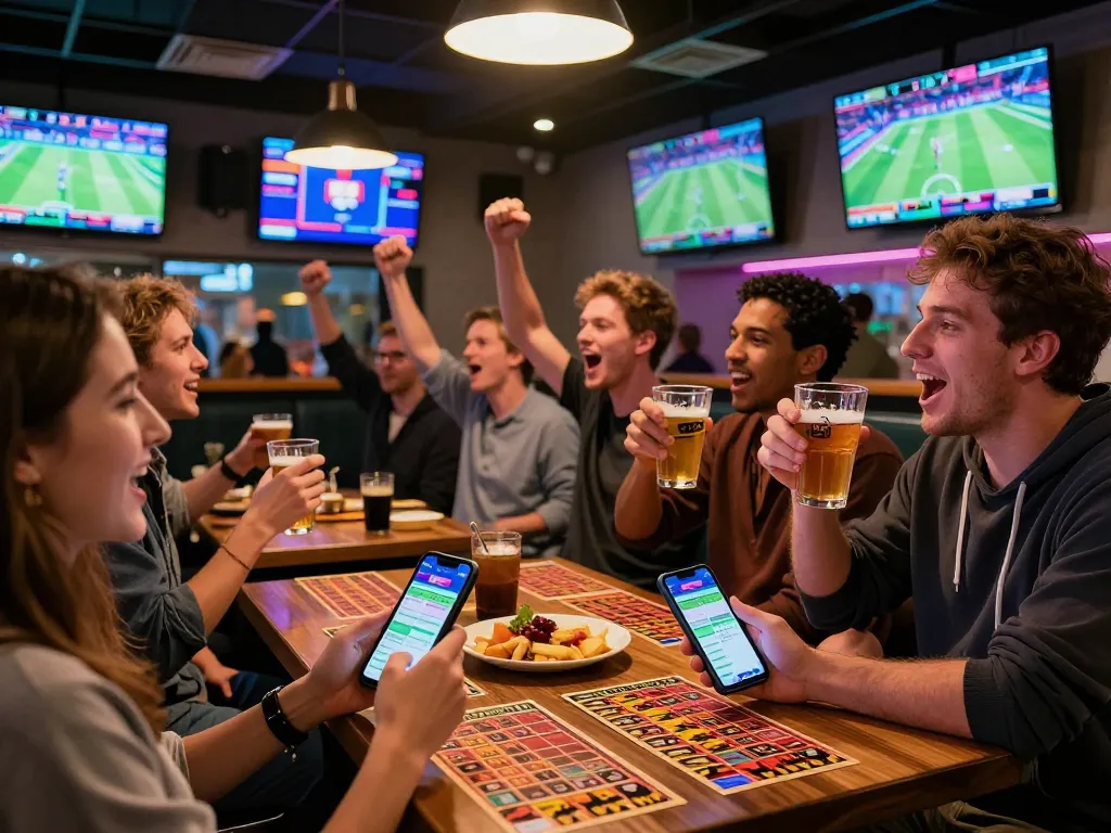 SBOBET users engaged with live betting in a lively sports bar atmosphere, excitement all around.