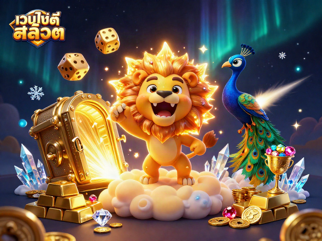 Experience the thrill of เว็บไซต์สล็อต with this dynamic 3D illustration featuring a roaring lion and golden treasures.