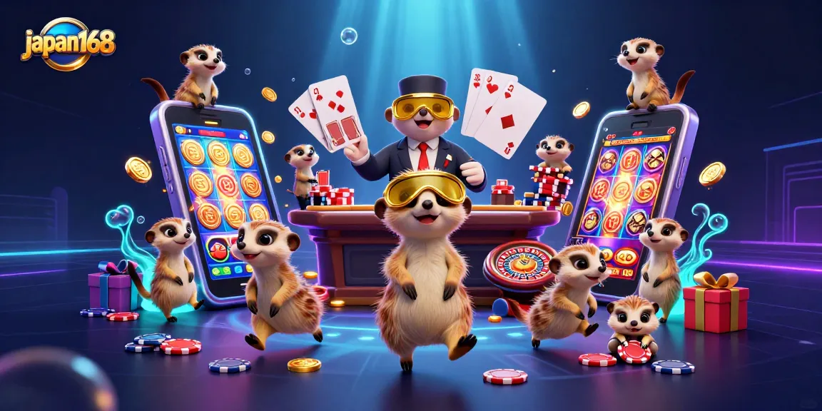 Experience the thrill of japan168 with meerkats in a vibrant casino atmosphere, interacting with colorful slots.