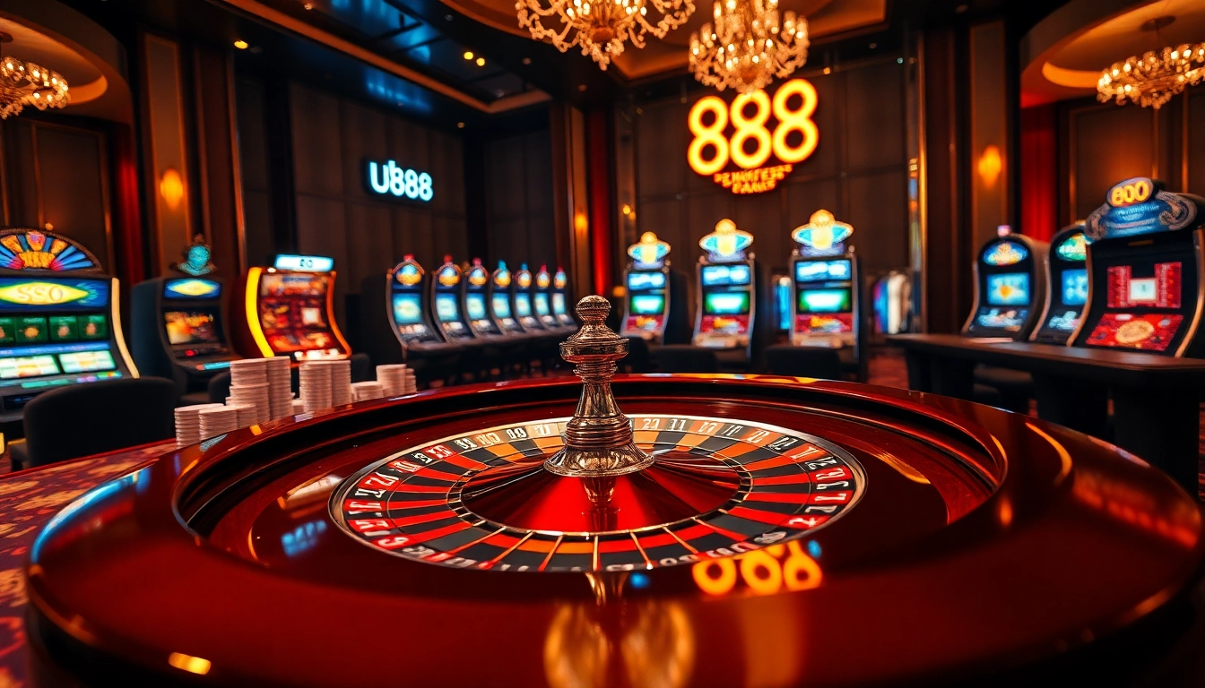 Experience the thrill of betting at u 888's luxurious roulette table surrounded by dazzling casino elements.