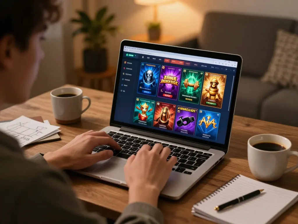 Engaged user at https://dola88vn.com/ playing online casino games on laptop with strategy notes nearby.