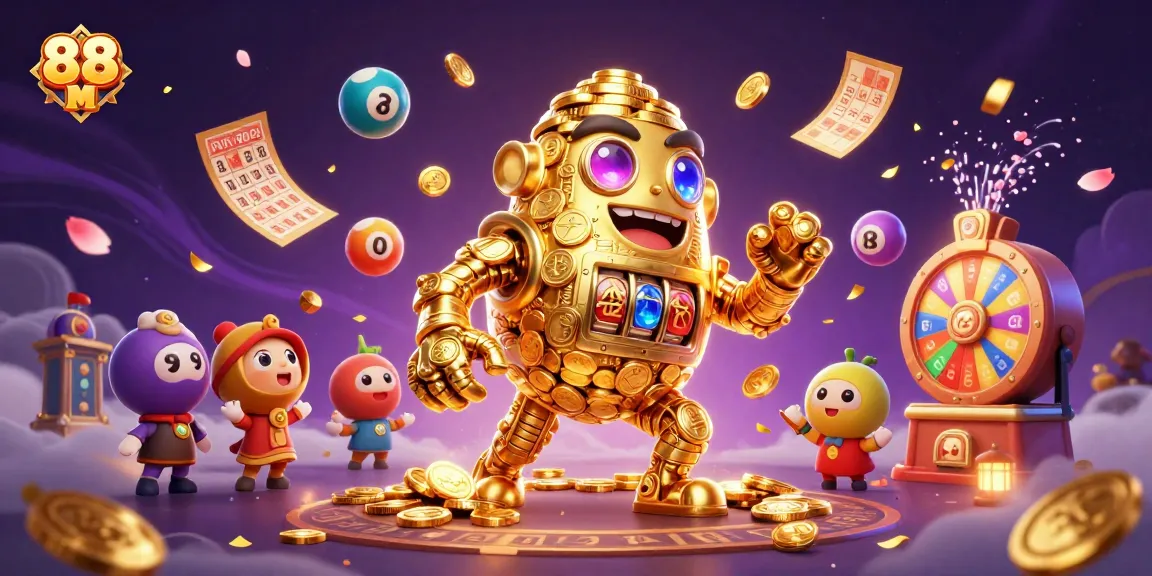 Experience thrilling wins at 88 M with a vibrant gold golem surrounded by exciting game elements.