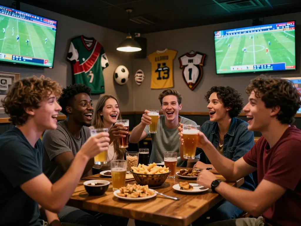 Cakhia TV viewers enjoying football action at sports bar while placing bets with excitement.