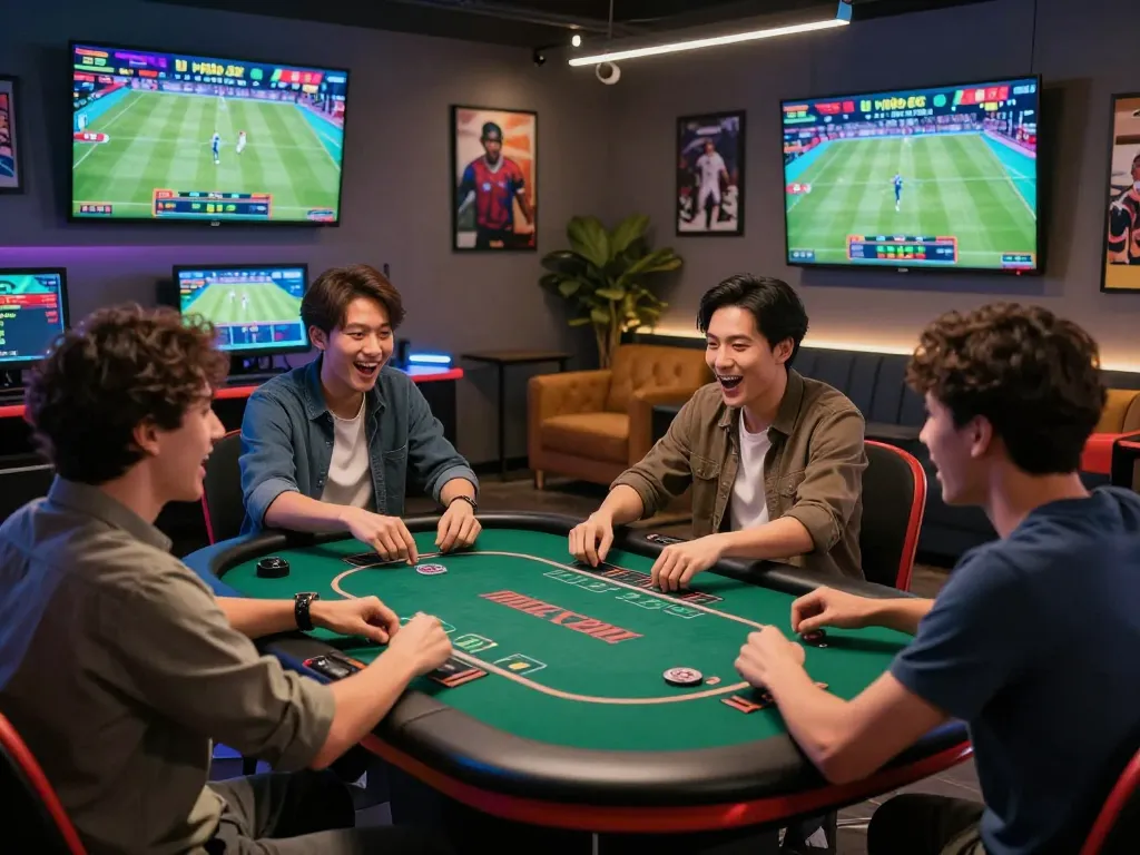 Gathering of friends enjoying the casino hubet88 experience with live sports betting screens and gaming decor.