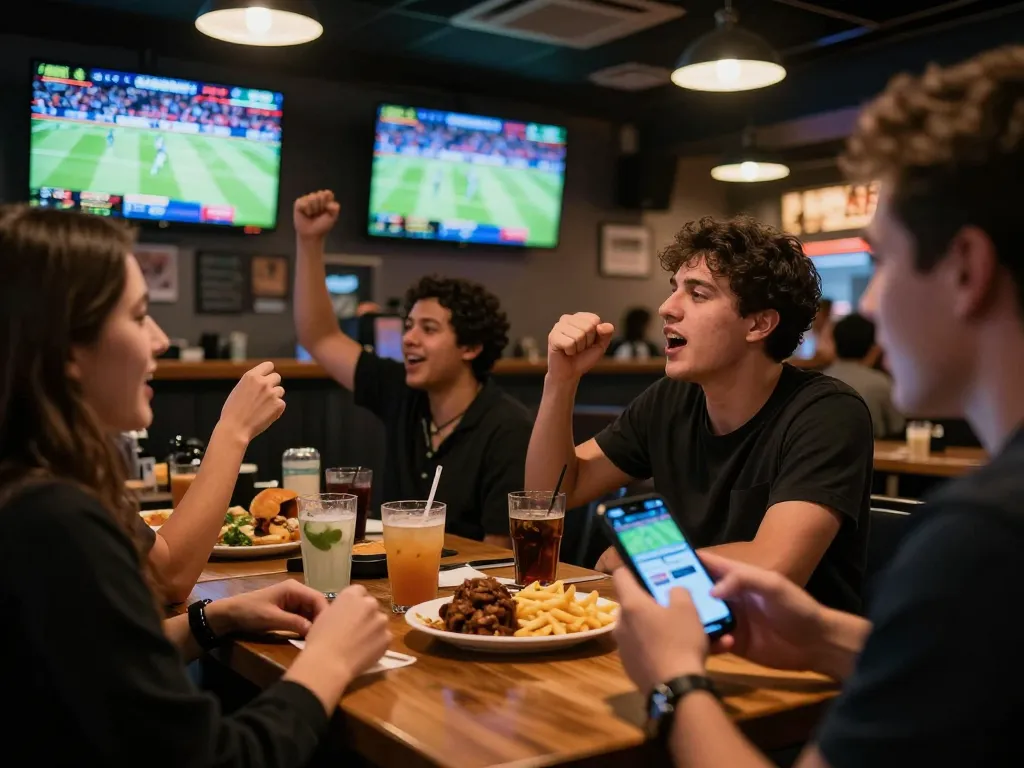 Fans engaging in sports betting while enjoying food and drinks, featuring strategic conversations about giường bệnh nhân placements.