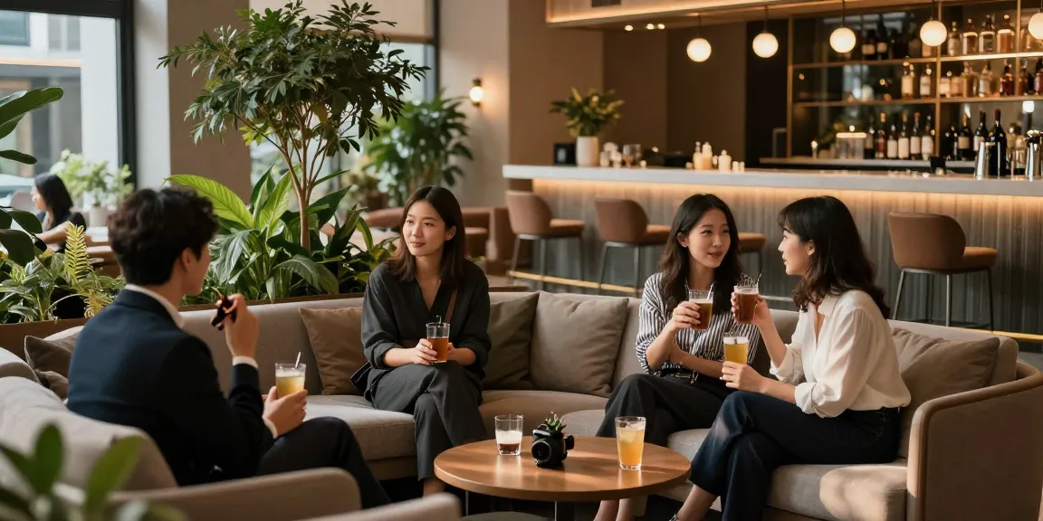 강남 멀리건에서 편안하게 대화하는 사람들과 세련된 인테리어.