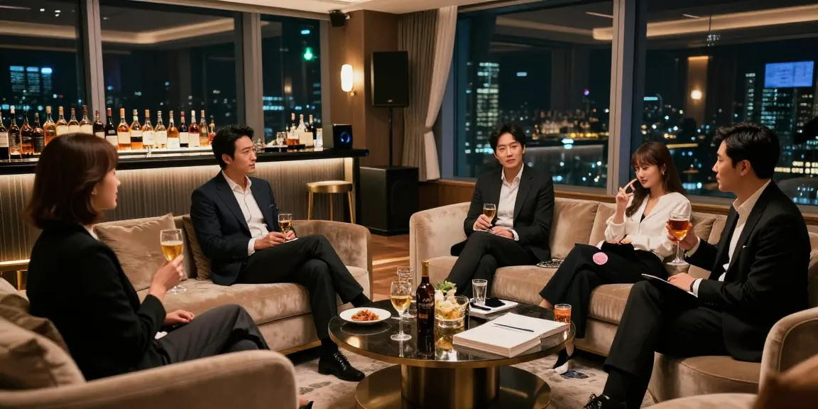 강남쩜오 프리미엄 엔터테인먼트 룸에서 고급 음료를 즐기는 고객들