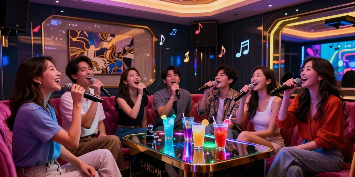 강남 가라오케에서 친구들과 함께 즐거운 노래를 부르는 모습, 화려한 조명과 고급스러운 공간이 어우러진 파티 분위기