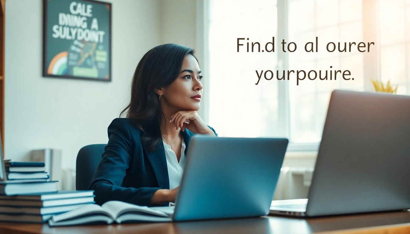 Find my true calling with a woman thoughtfully reflecting at her workspace.