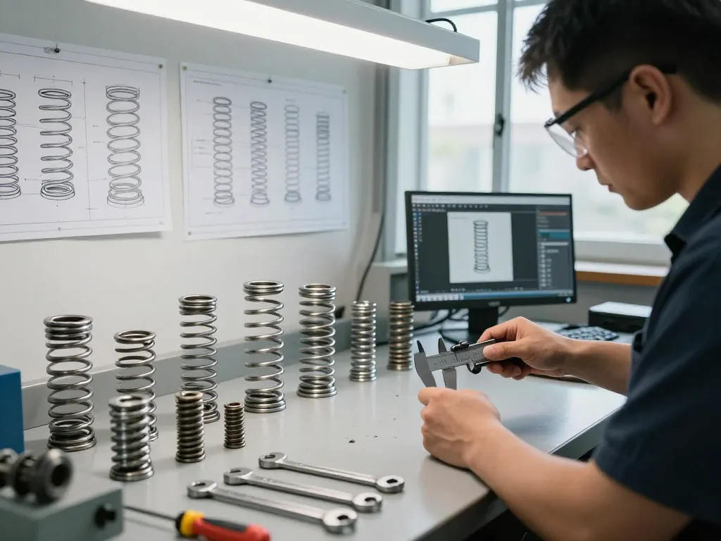 Tehnician măsurând arcuri inox într-un atelier, prezentând inginerie de precizie și măiestrie.
