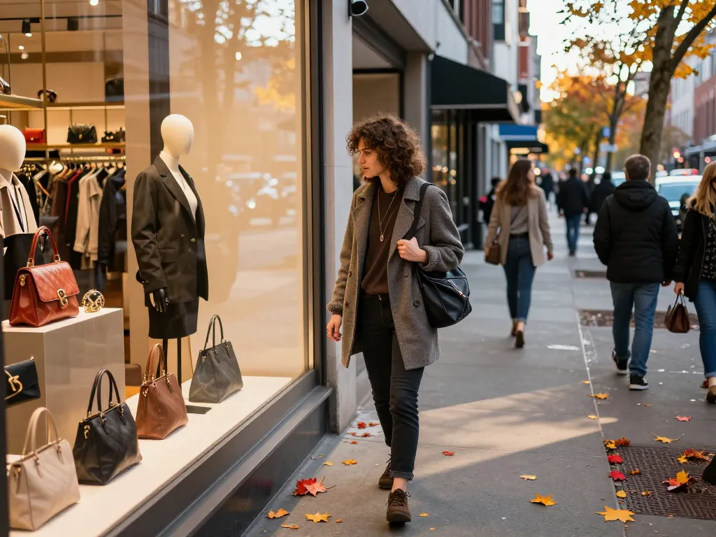 Engaging urban shopping experience at a 레플리카 사이트 boutique showcasing stylish handbags.