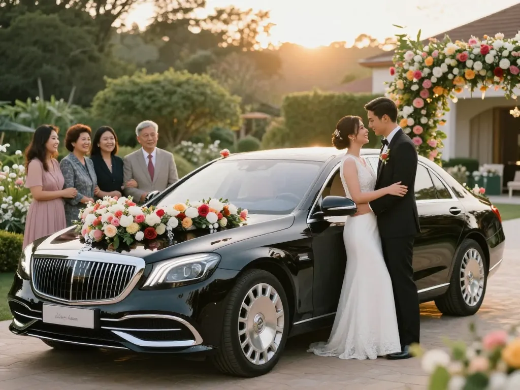 Thuê một chiếc Mercedes sang trọng cho đám cưới, trưng bày một cặp đôi bên cạnh một chiếc xe cưới được trang trí đẹp mắt.