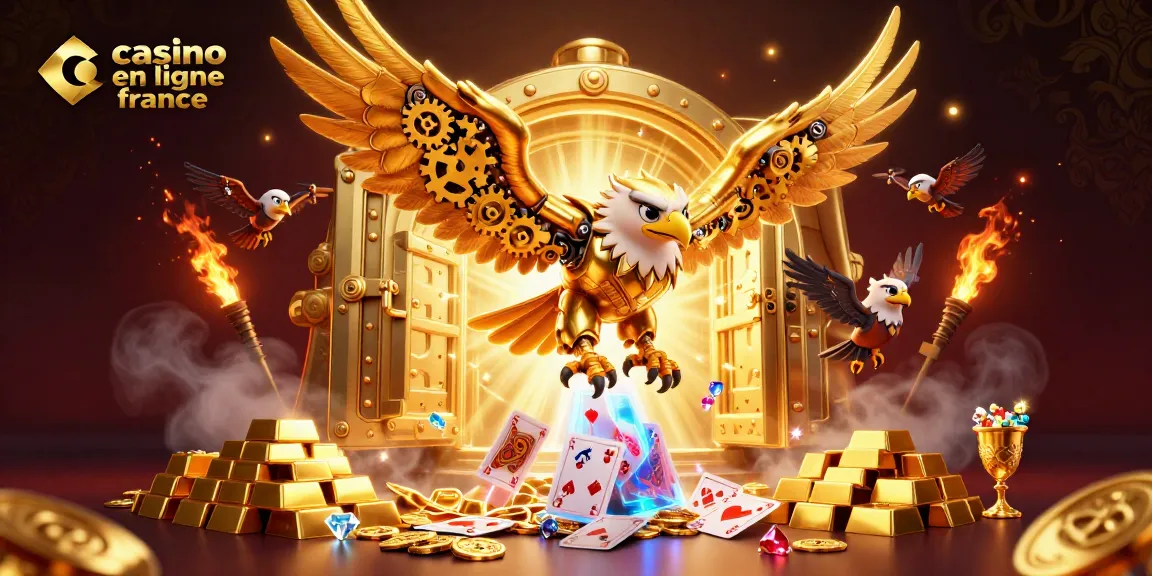 Illustration dynamique de la scène de casino en ligne France avec un aigle cybernétique et des cartes holographiques.