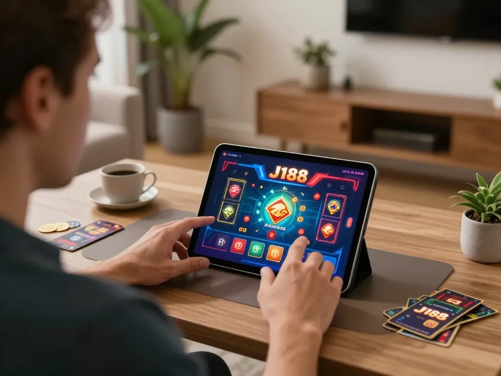 Engaging with J188 đăng ký while playing online casino games in a cozy living room setup.