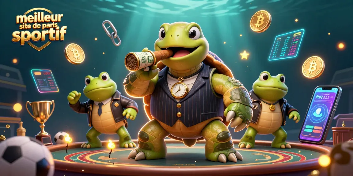 Illustration dynamique présentant le meilleur site de paris sportif avec une tortue à l'allure de mafieux et des éléments de paris sportifs.