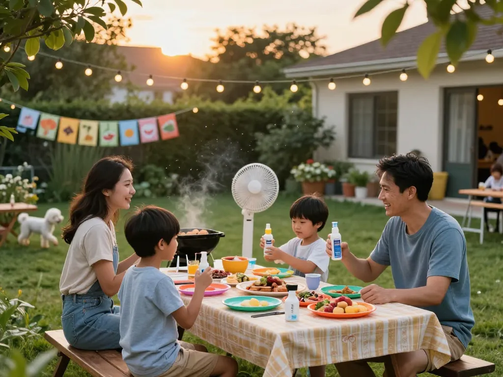 Family enjoying a barbecue outdoors with Best Mosquito Repellent ensuring a pest-free gathering