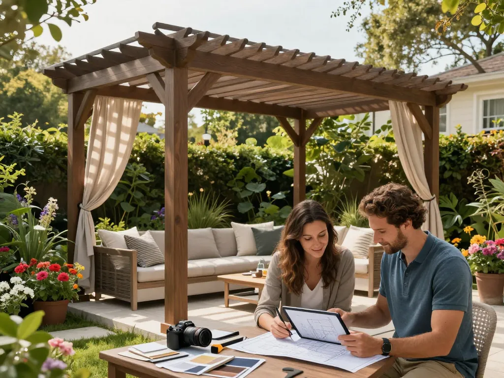 Explore pergola 3D planner in a vibrant outdoor setting with couple designing their custom pergola.