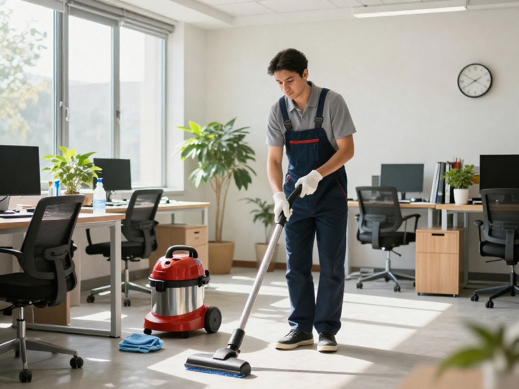 Büroreinigung Dortmund: Professioneller Reinigungskraft reinigt einen modernen Büroraum mit umweltfreundlichen Reinigungsmitteln und sorgt für Hygiene.