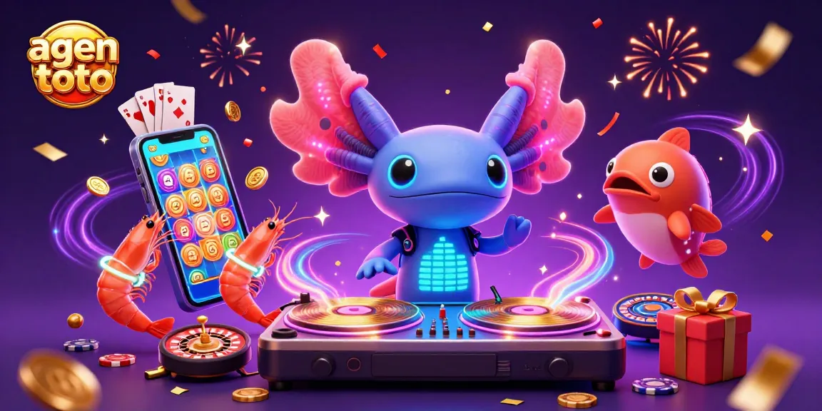 Engage with agen toto through an exciting 3D illustration of a party scene featuring a neon axolotl DJ.