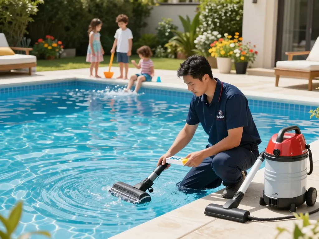 Dolphin Pool Services technician maintaining a residential pool, ensuring sparkling water quality with family enjoying the sunny day.
