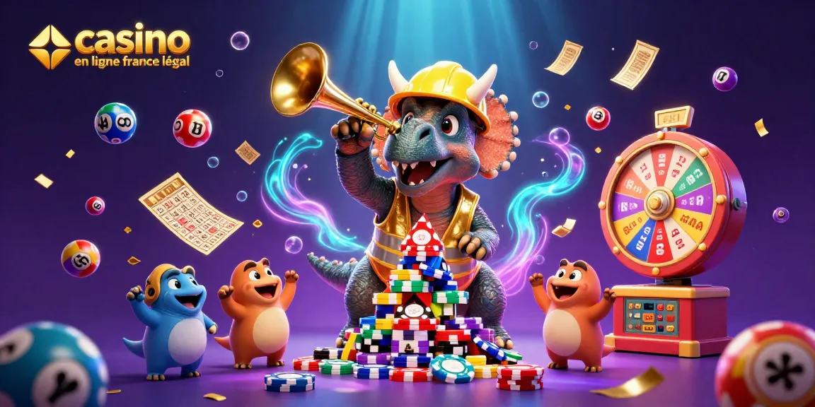 Illustration dynamique illustrant un triceratops en casque de sécurité et gilet de sécurité créant des jetons de poker, pour casino en ligne légal en France