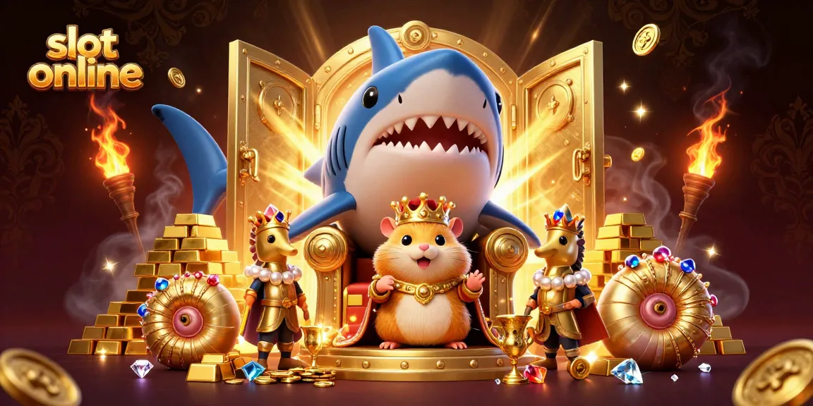 Menangkan jackpot fantastis di slot online dengan ilustrasi raja hamster bertakhta dan harta karun melimpah.