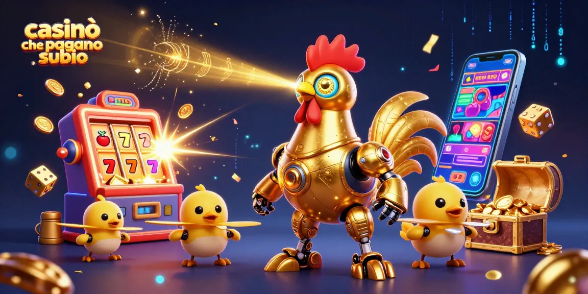 Casinò che pagano subito: il robot gallo d'oro e droni alla ricerca di jackpot e vincite rapide.