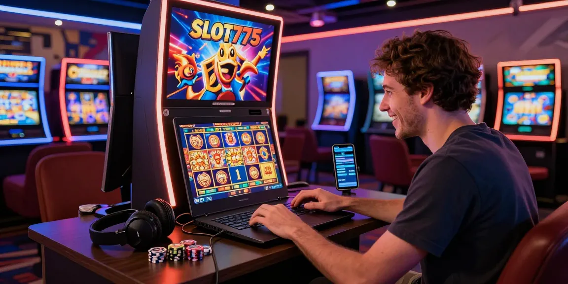 SLOT777 gaming experience featuring a player at a colorful slot machine, showcasing situs gacor excitement in a lively online casino.