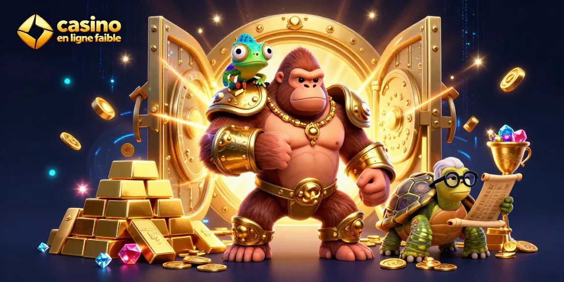 Jouez dans un casino en ligne fiable, entouré de trésors et de personnages animés illustrant des opportunités de gains.