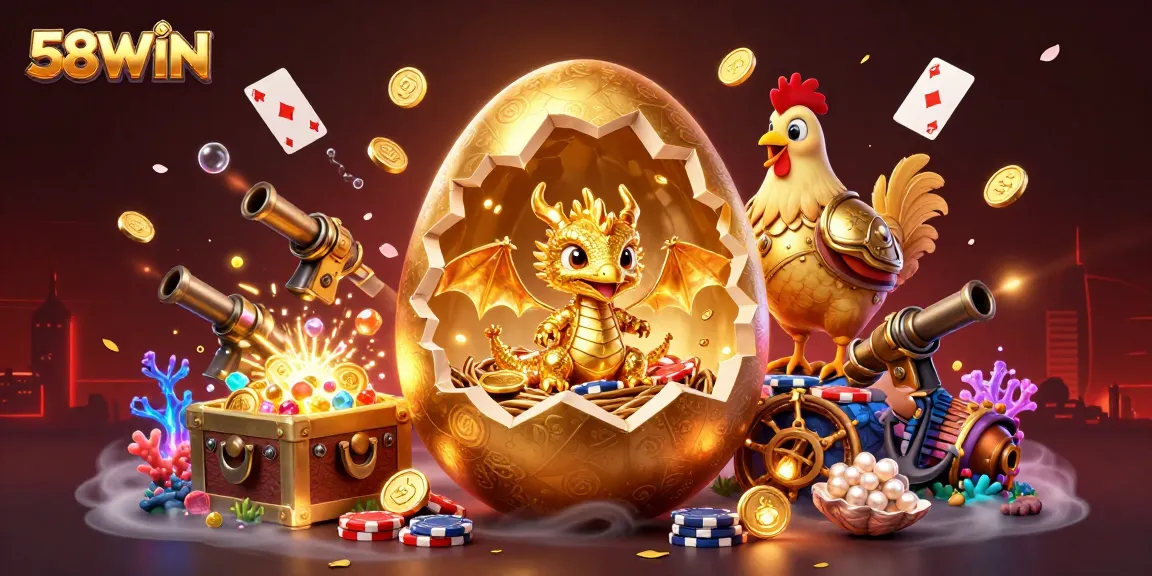 Experience epic wins at 58WIN with a golden dragon and poker chips in a vibrant casino scene.