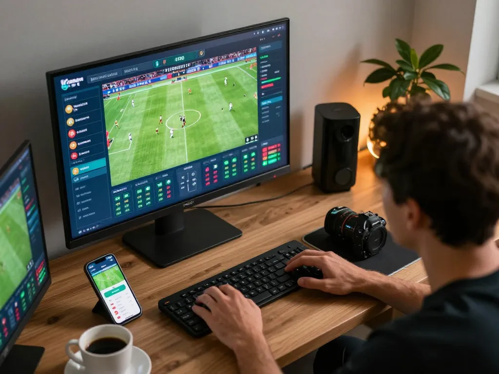 Person engaging in live sports betting on BK8 app, showcasing excitement on multiple screens in a modern setup.