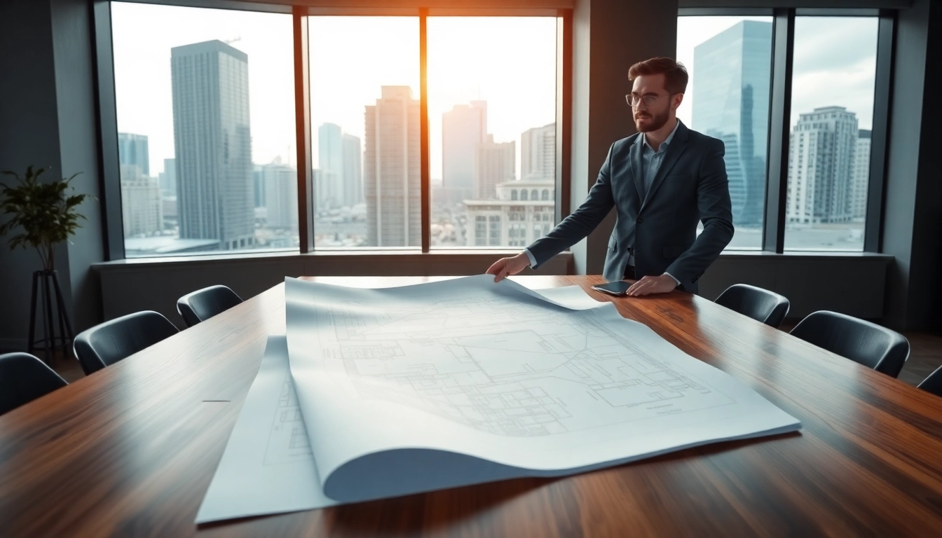 Real Estate Developer discussing blueprints in a bright, modern office setting with city views.